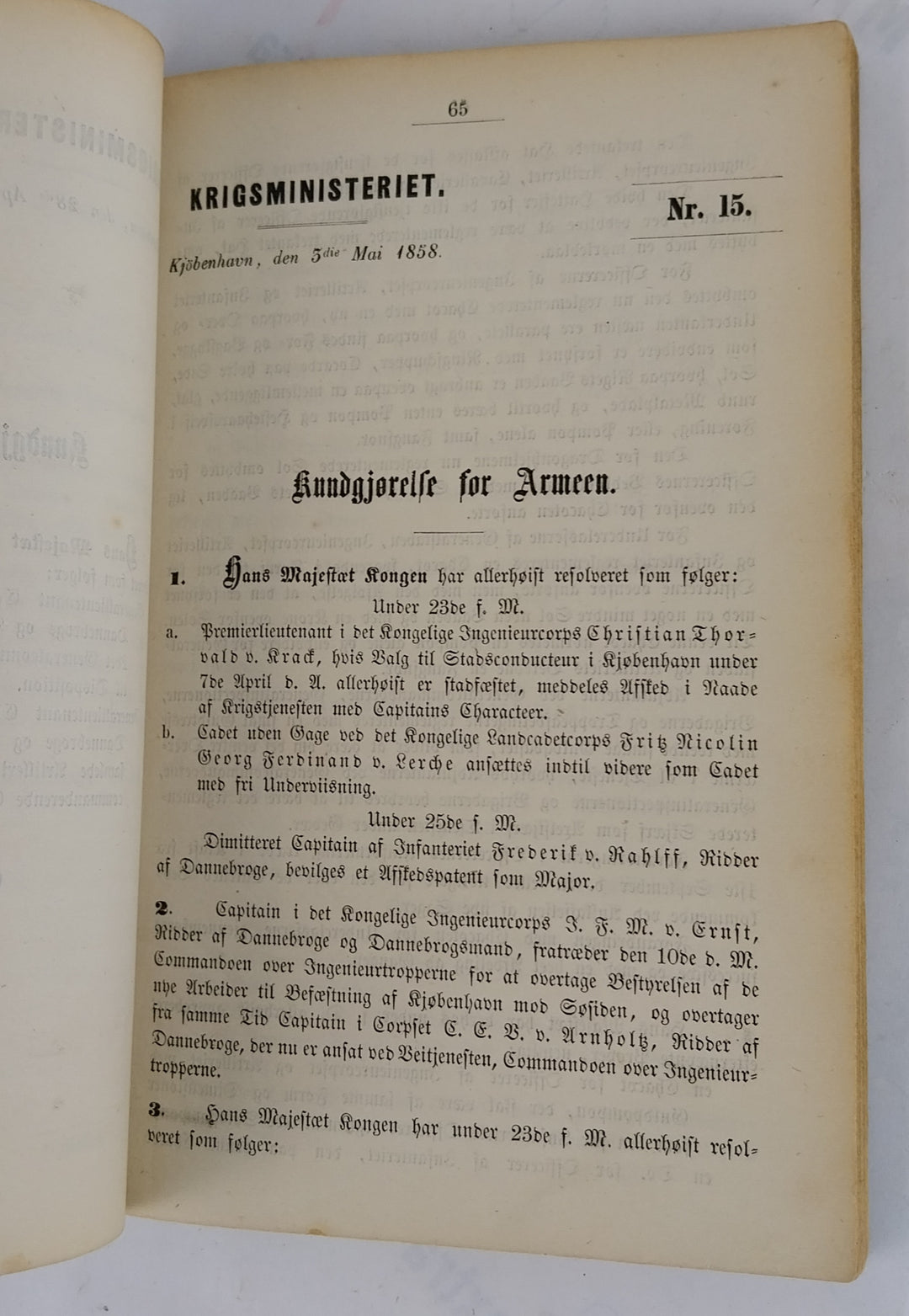 Krigsministeriets Kundgjørelser for Armeen for Aaret 1858