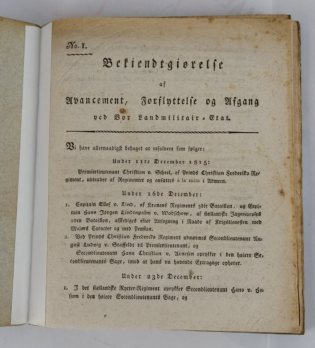 Bekiendtgiørelse af Avancement, Forflyttelse og afgang. 1816