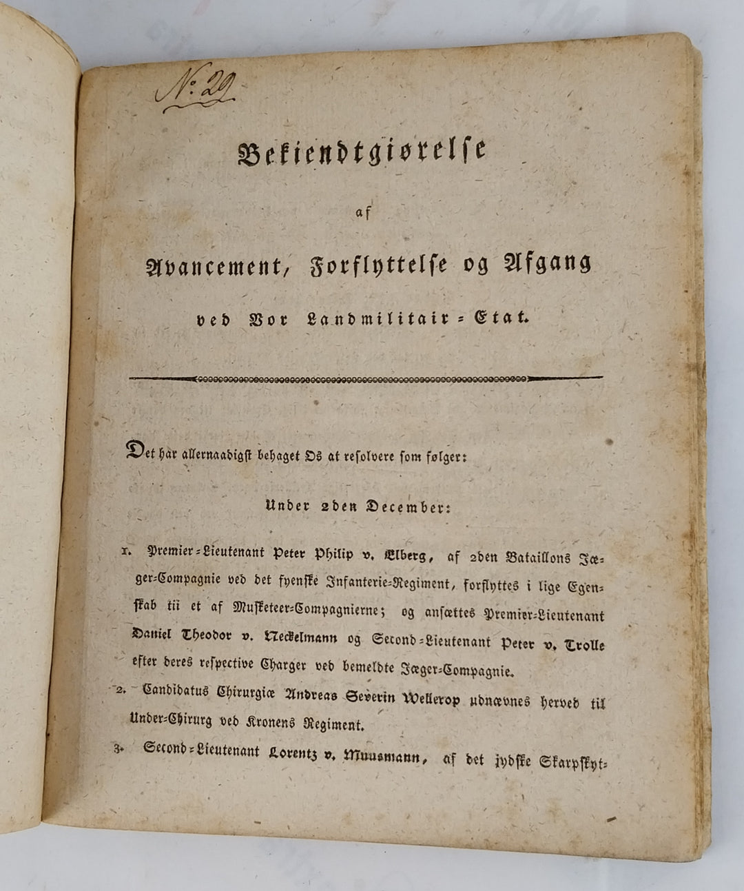 Bekiendtgiørelse af Avancement, Forflyttelse og afgang. 1808