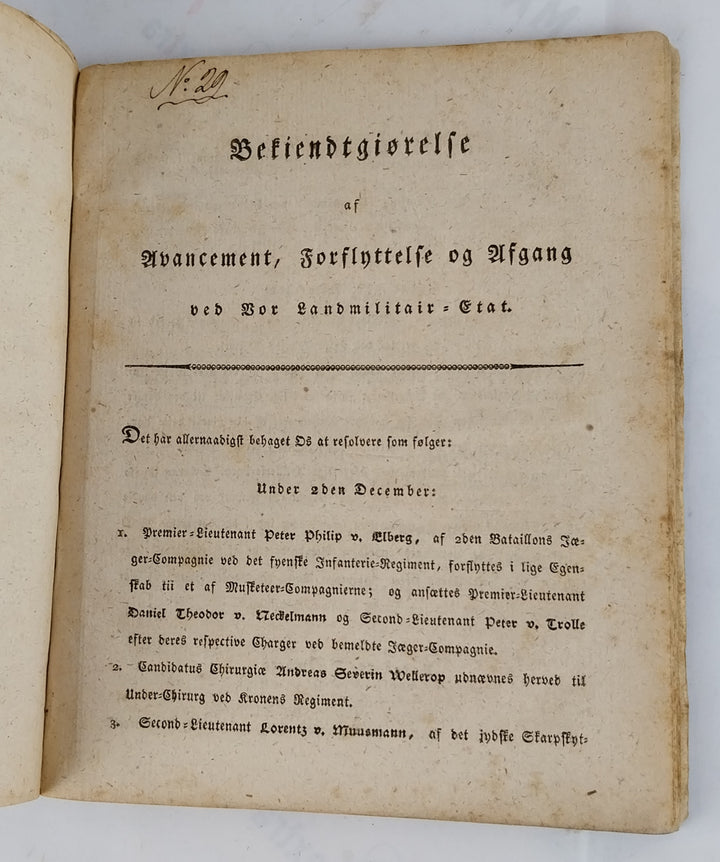 Bekiendtgiørelse af Avancement, Forflyttelse og afgang. 1808