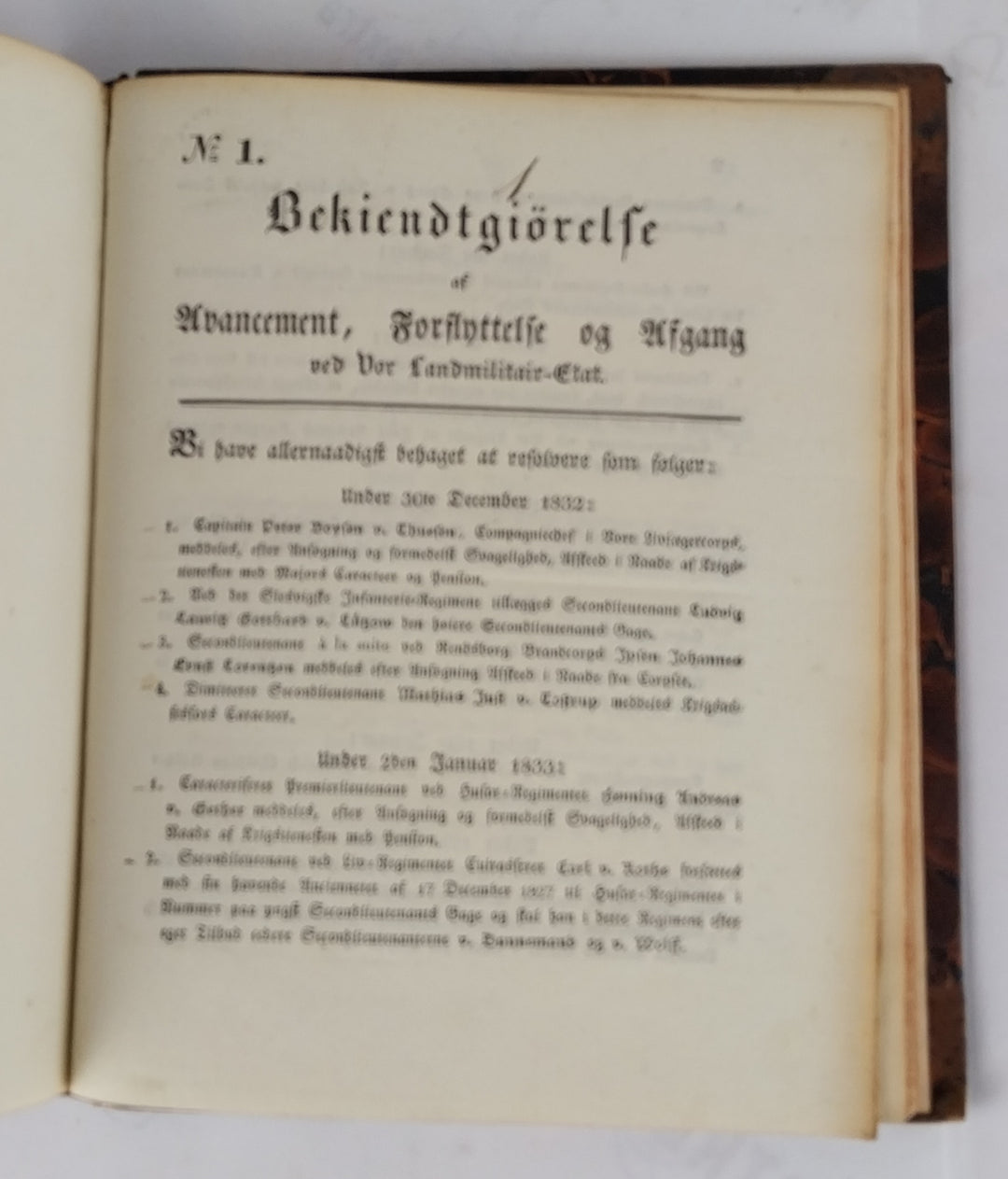 Bekiendtgiørelse af Avancement, Forflyttelse og afgang. 1833