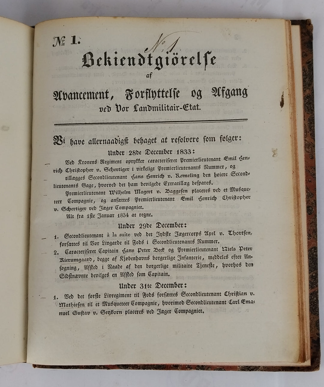 Bekiendtgiørelse af Avancement, Forflyttelse og afgang. 1834
