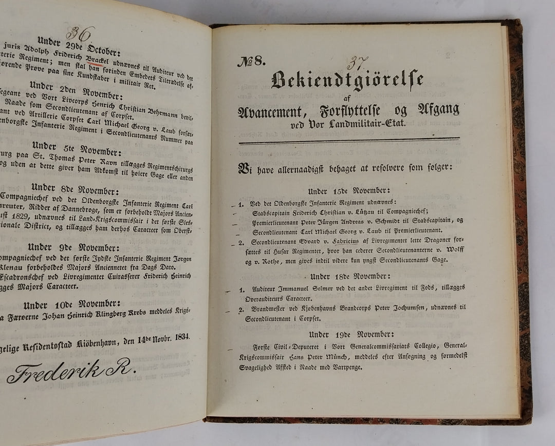Bekiendtgiørelse af Avancement, Forflyttelse og afgang. 1834