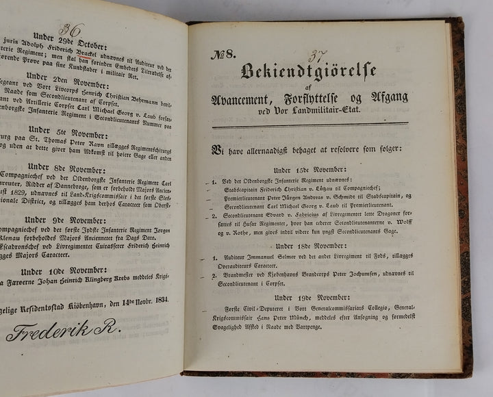 Bekiendtgiørelse af Avancement, Forflyttelse og afgang. 1834