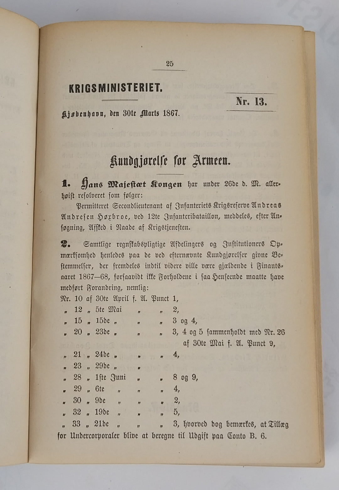 Kundgørelser for Hæren for Aaret 1867