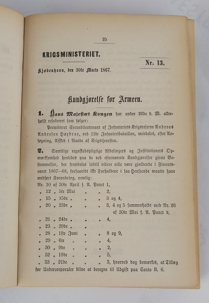 Kundgørelser for Hæren for Aaret 1867