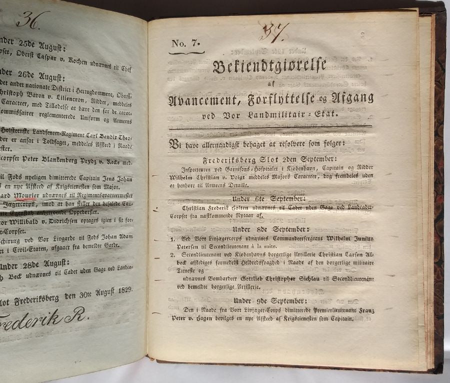 Bekiendtgiørelse af Avancement, Forflyttelse og afgang. 1829